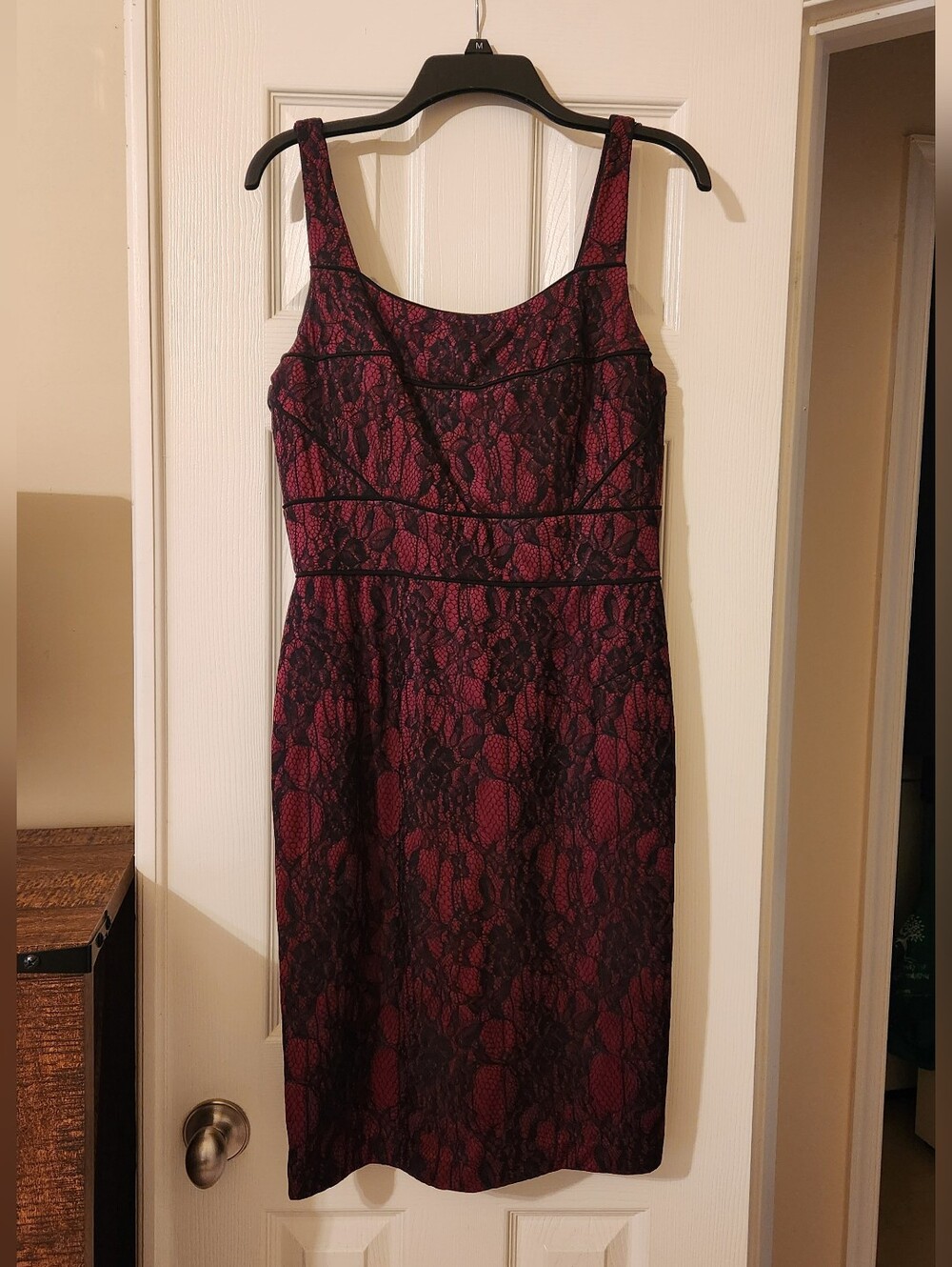 Black Lace Overlay Red/Maroon Sheath Dress